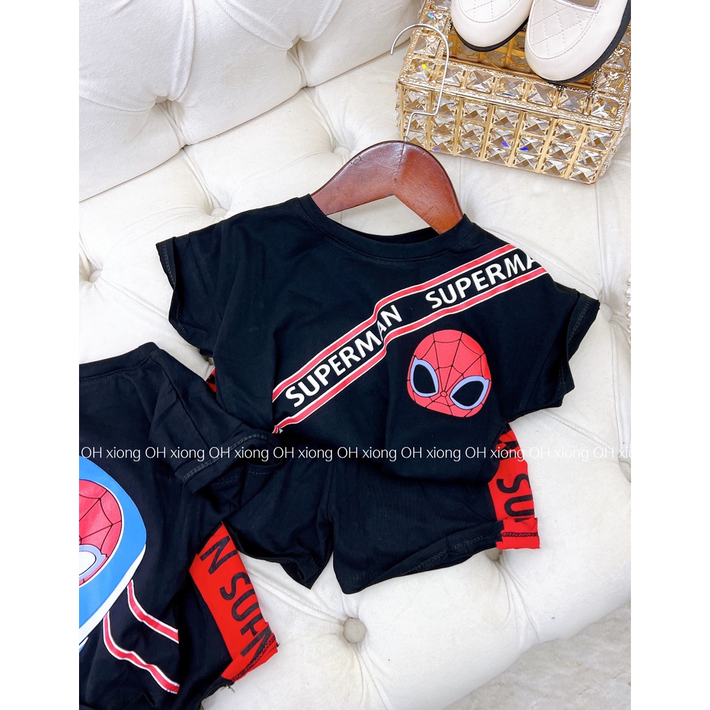 Bộ bé trai chất cotton áo đeo họa tiết siêu nhân cho bé