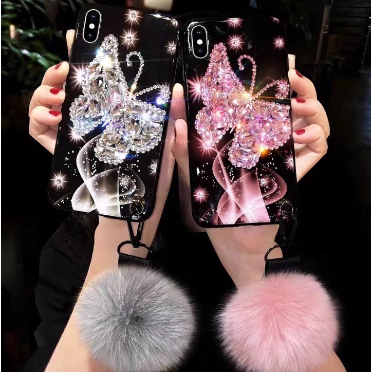 Ốp lưng điện thoại iPhone gắn hình bướm và quả bông đính đá lấp lánh cho 11 Pro X XR XS MAX 6G 7G 8G 6S Plus