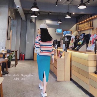 Set áo kẻ chân váy len xanh