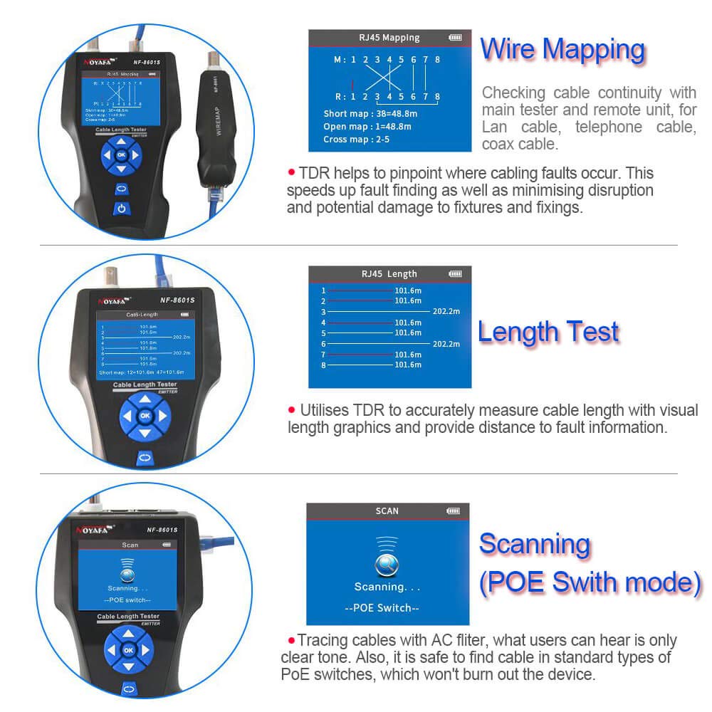 Máy test cáp mạng đa năng màn hình màu / Test POE/PING/Đo chiều dài/Scan NOYAFA NF-8601S