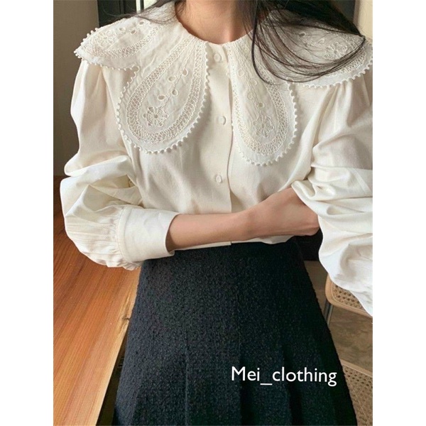 Áo Sơmi Cổ Lá Sen Phong Cách RETRO Hàn Quốc, sơ mi nữ dài tay