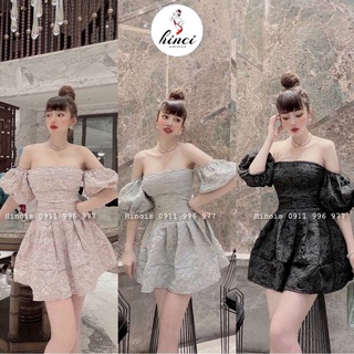 Váy Xoè Ngắn Tay Phồng Cổ Vuông - Đầm Dáng Xòe Trễn Vai Gấm Xốp Dập Nổi Hợp Đi Tiệc, Đi Chơi [150]