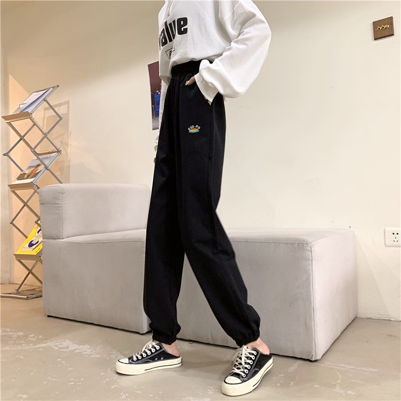 IELGY Quần Dài Thể Thao Lưng Cao Màu Đen Cỡ Lớn Phong Cách Hàn Quốc Thời Trang Cho Nữ