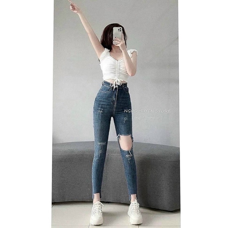 Quần jeans ôm rách lưng cao siêu cấp ms036
