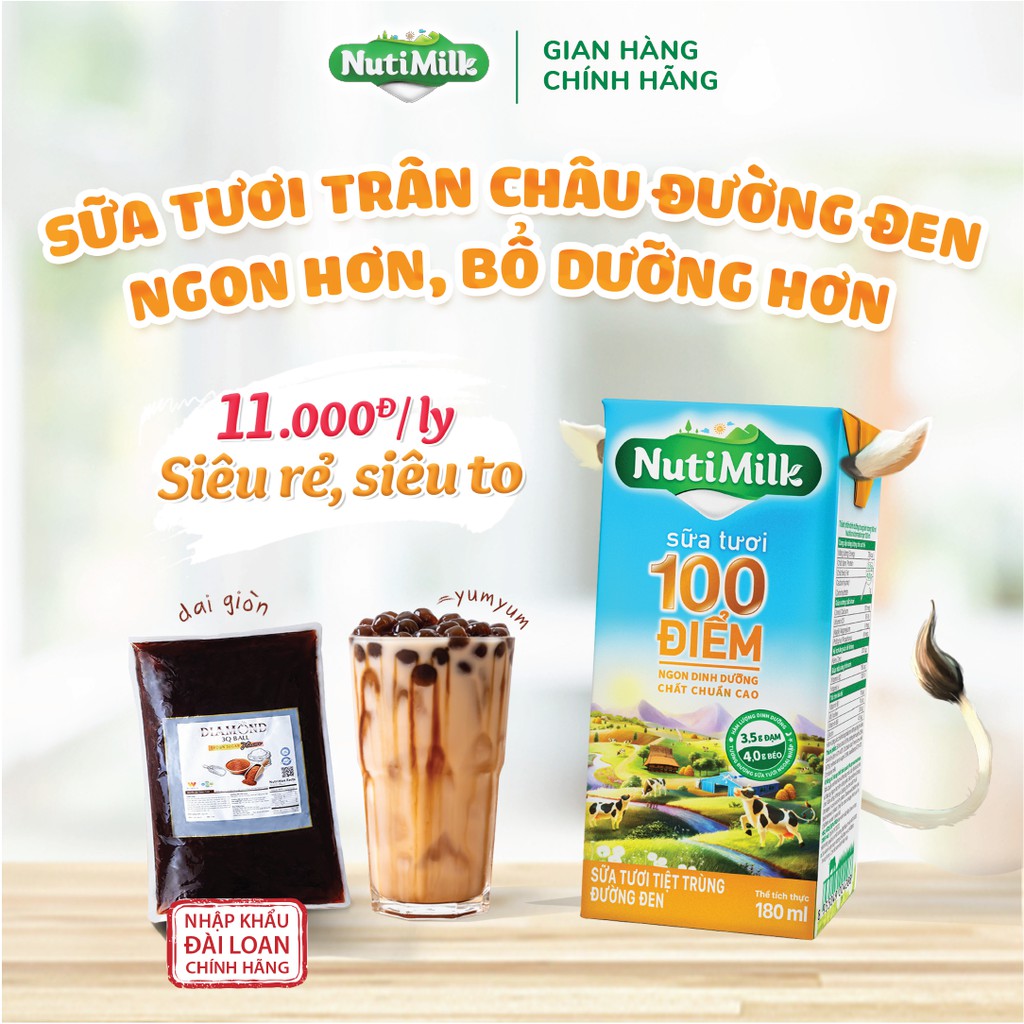 [Mã FMCGMALL giảm 8% đơn từ 250K] Thùng 40 hộp nutil sữa tươi đường đen 180ml/1hop và 5 bịch trân châu 300g