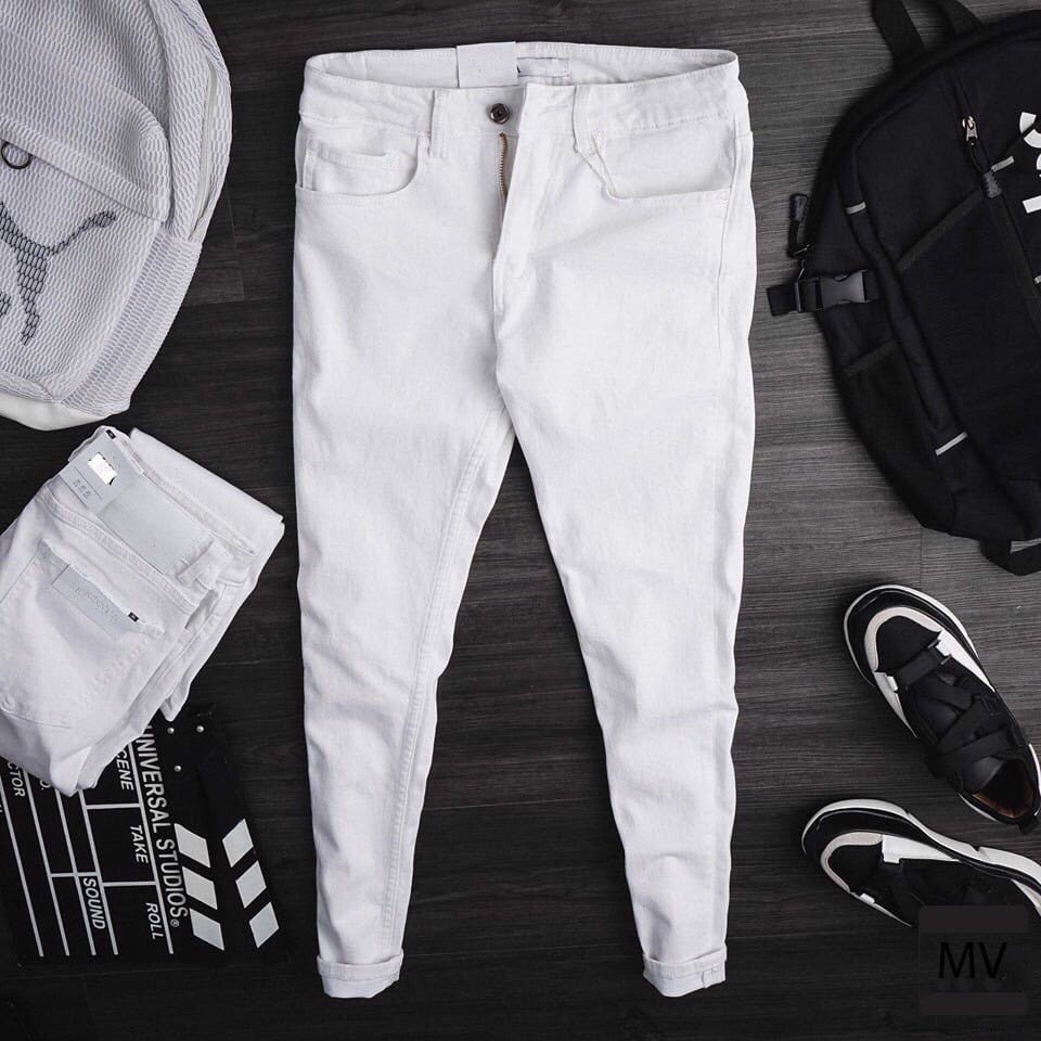 Quần jean nam trắng GẤU 194 trơn & rách vải jeans co dãn, dày dặn, form slimfit