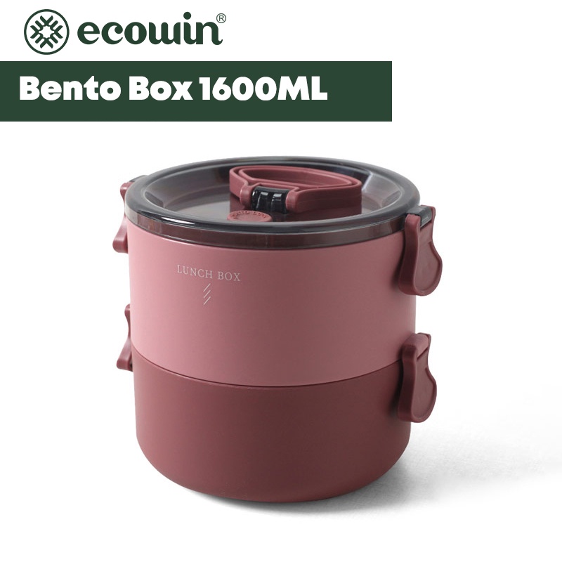 Hộp đựng cơm trưa ECOWIN hai tầng sức chứa lớn kèm muỗng nĩa màu xanh dương/hồng 1600ml