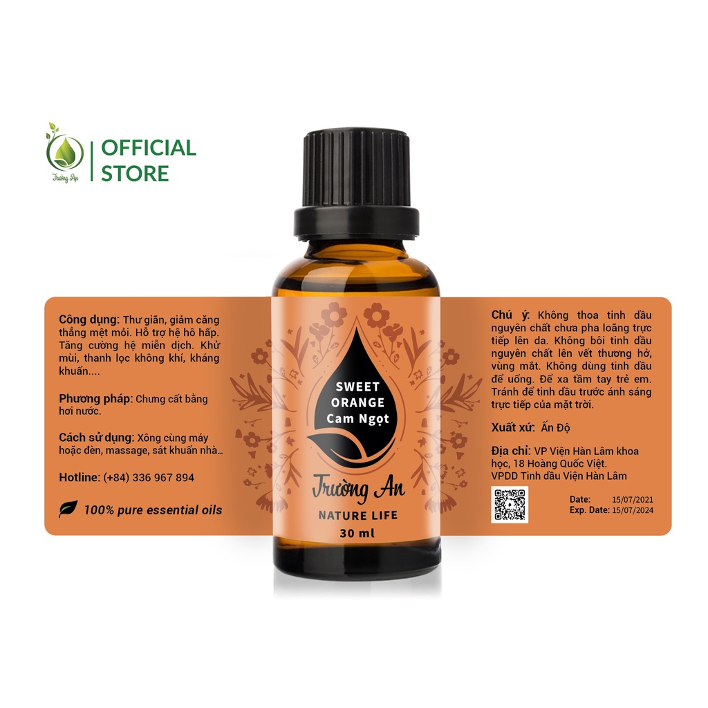 Tinh dầu Cam Ngọt Sweet Orange Trường An Essential Oil, xuất sứ thiên nhiên không pha tạp chất, có giấy kiểm định COA