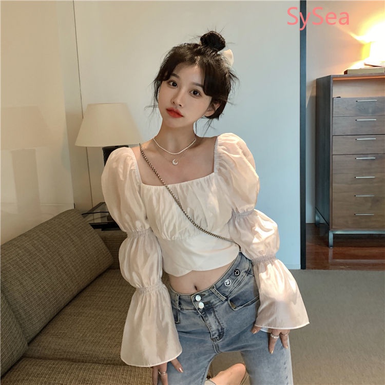 Áo kiểu tay phồng dài đính nơ phong cách hè thanh lịch cho nữ