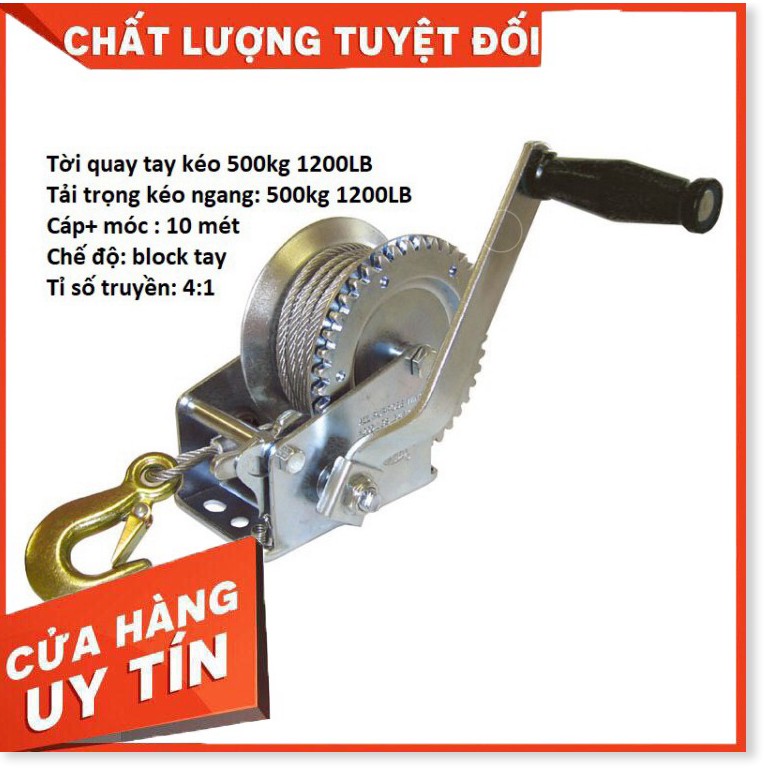 Tời Quay Tay 1200 LBS Tải Trọng 500 Kg Có Cáp Móc 10 Mét Liên Sơn