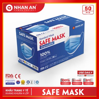 SAFE MASK NHÂN AN - Khẩu Trang Y Tế Kháng Khuẩn 4 Lớp Xuất Khẩu (Hộp 50 Chiếc)