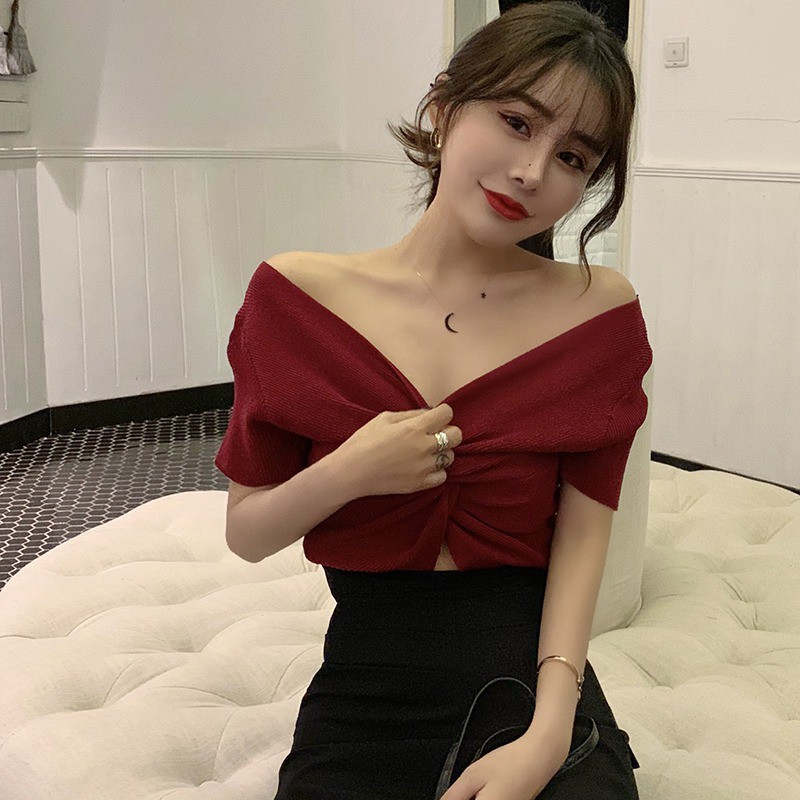 Áo Croptop dệt kim thiết kế cổ chữ V quyến rũ cho nữ