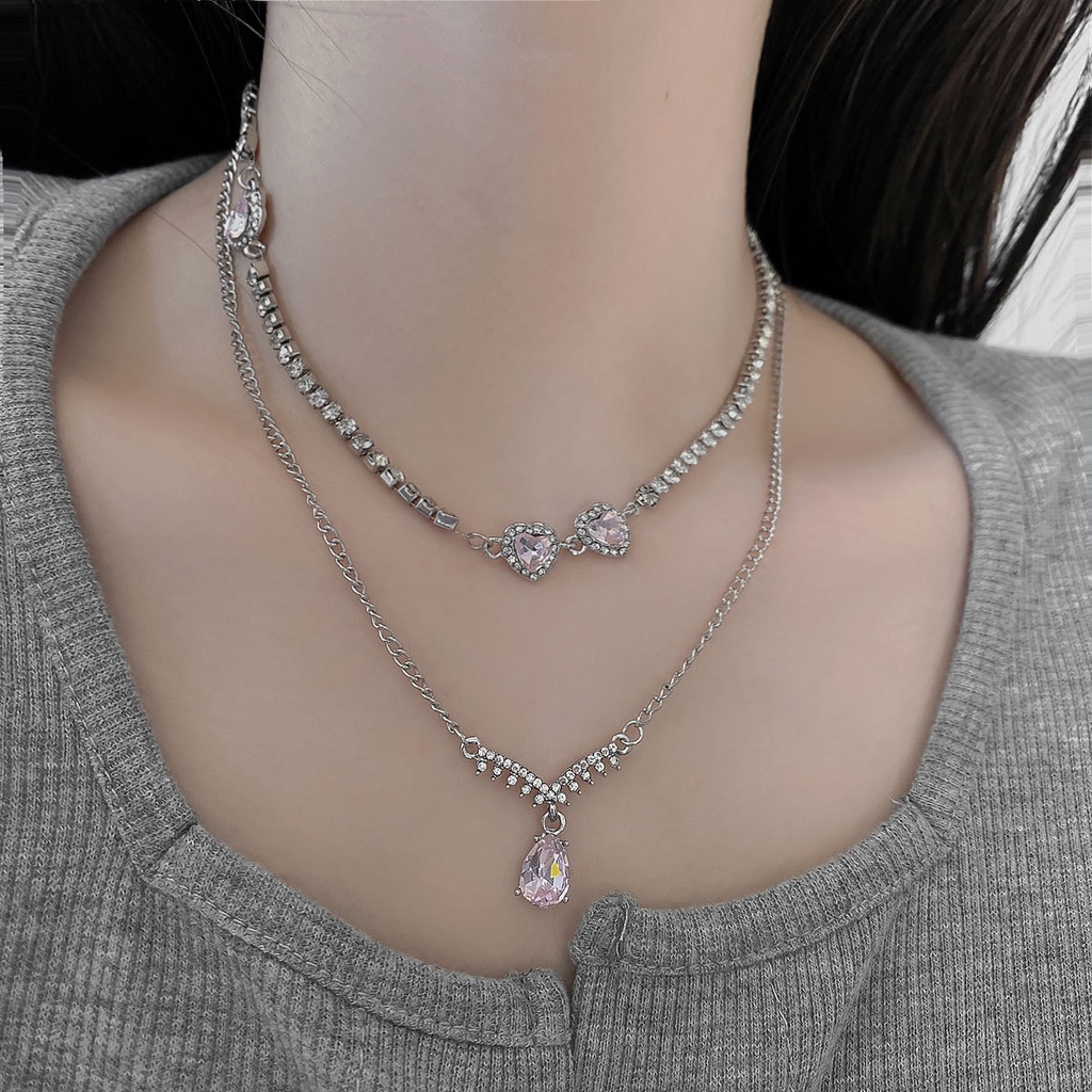 Vòng cổ Hợp Kim 2 Lớp Mặt Kính Pha Lê Sáng Bóng Có Thể Điều Chỉnh Cho Nữ