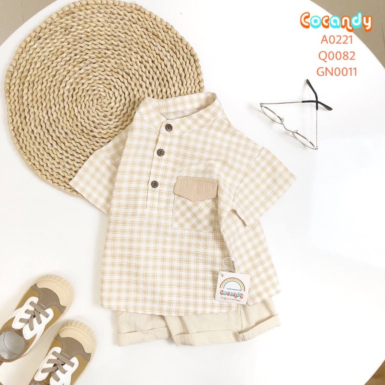 Set đồ cho bé -Áo CỘC caro BE phối túi BE và Quần CỘC đũi BE cho bé của COCANDY mã A0221,Q0082