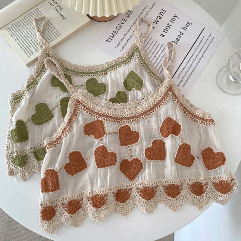 Áo Croptop Hai Dây Dệt Kim Vải Cotton Lanh Thêu Hình Trái Tim Dành Cho Nữ