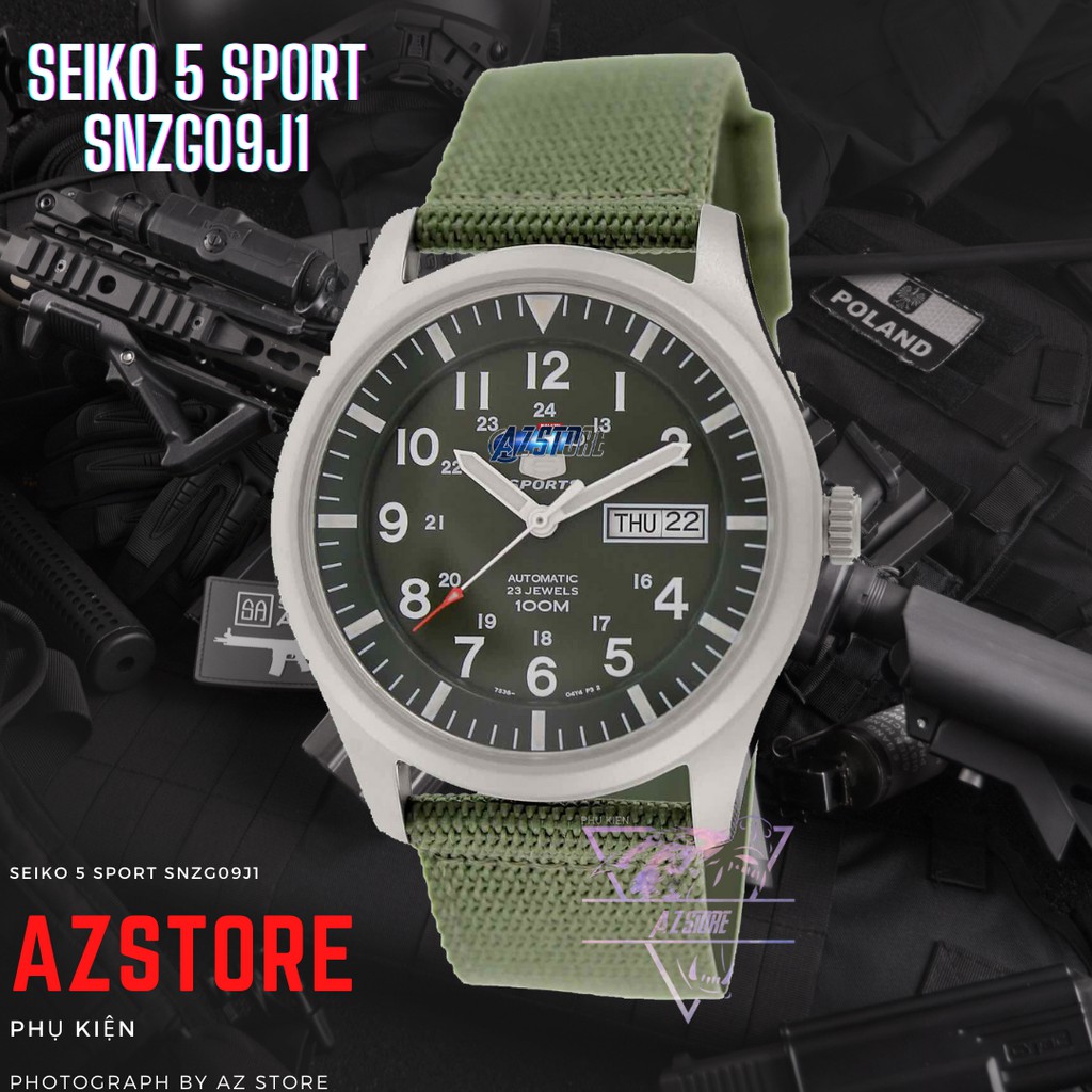 Đồng Hồ Nam Seiko 5 Sport SNZG09J1 , Dây Nato Xanh Rêu , Máy Cơ