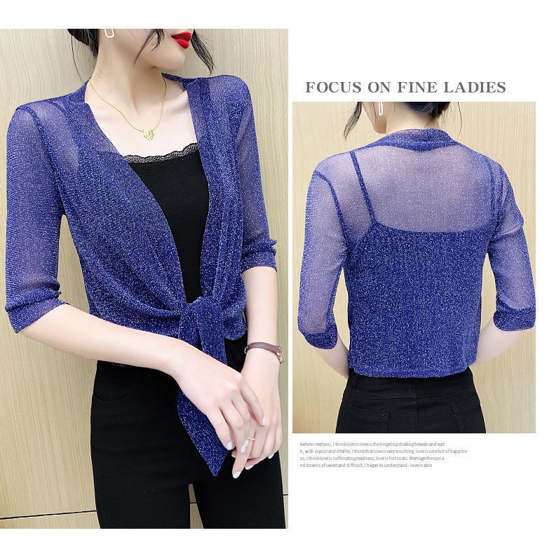 Áo Khoác Cardigan Vải Lưới Mỏng Màu Trơn Tay Lửng Chống Nắng Thời Trang Mùa Hè Cho Nữ