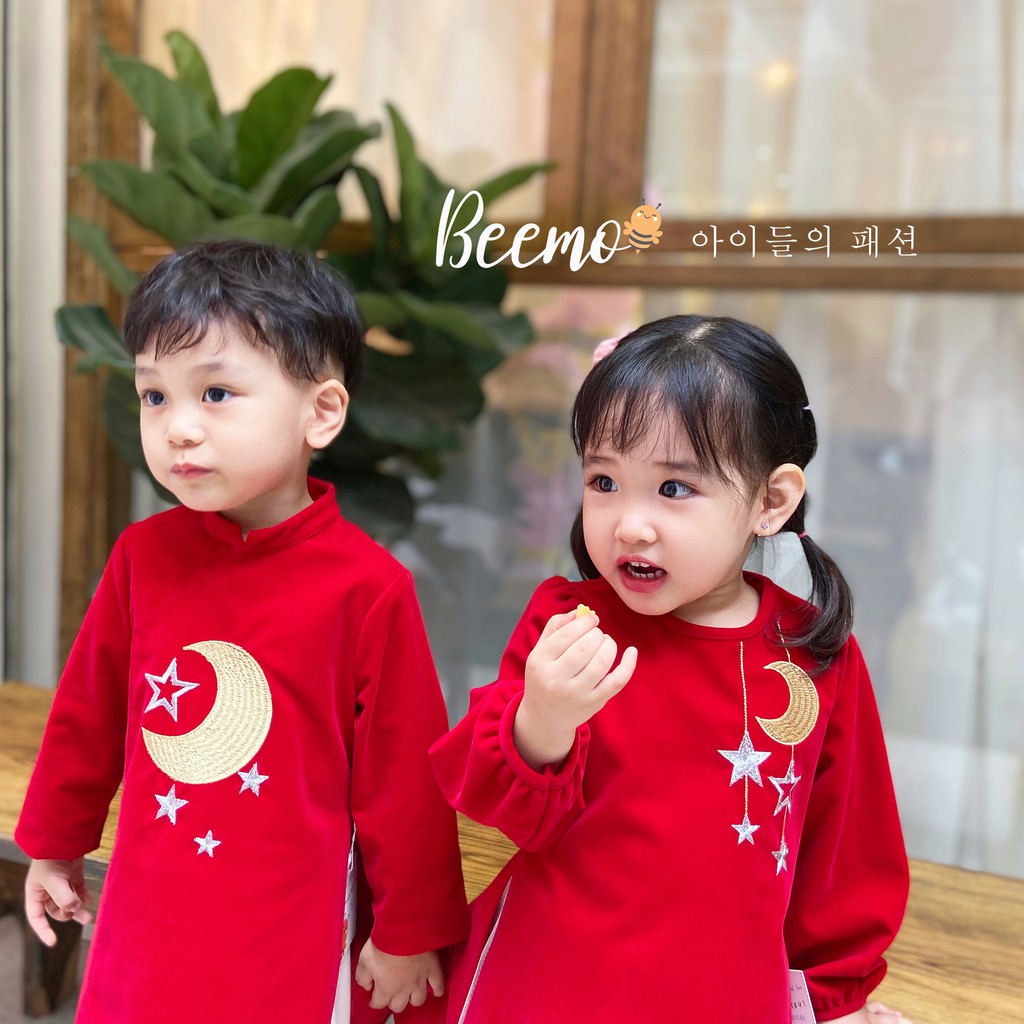 Set áo dài nhung đỏ thêu trăng sao GELU KIDS áo dài đôi thiết kế cao cấp cho bé trai bé gái