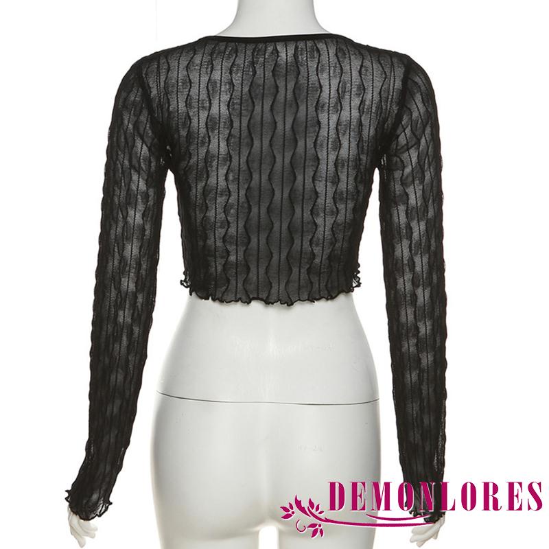 Áo Thun Crop Top Tay Dài Màu Trơn Khóa Kim Loại Xuyên Thấu Đơn Giản Dành Cho Nữ