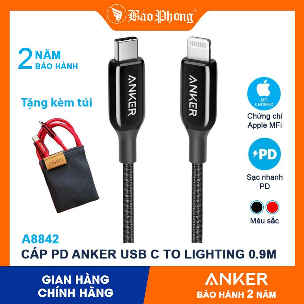 Dây Cáp sạc nhanh iPhone PD Anker A8842 Powerline 3 type C to Lighting 0.9m Cho IP 12 11 Pro max 7 8 plus X xs XR