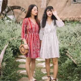 [Siêu Rẻ] Đầm thiết kế thổ cẩm babydoll rút eo- Váy họa tiết vinatge du mục boho du lịch đi dạo chụp hình <HÌNH THẬT>