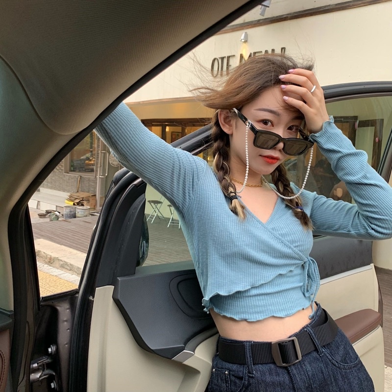Áo croptop tay dài đắp chéo