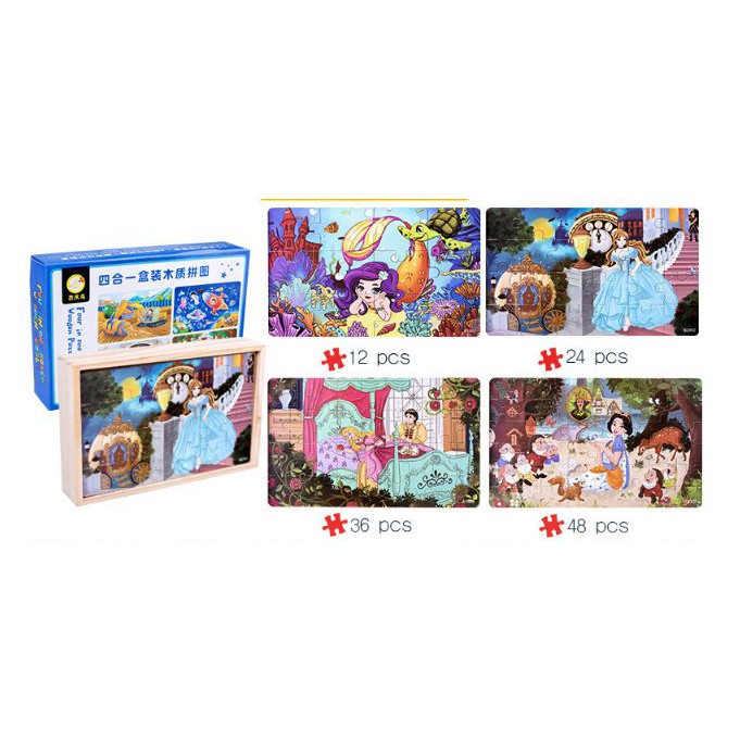 Đồ chơi trí tuệ gỗ an toàn cho trẻ,bộ ghép hình puzzle tổng hợp gồm 4 tranh gỗ tương ứng 12-24-36-48 mảnh,hàng đẹp