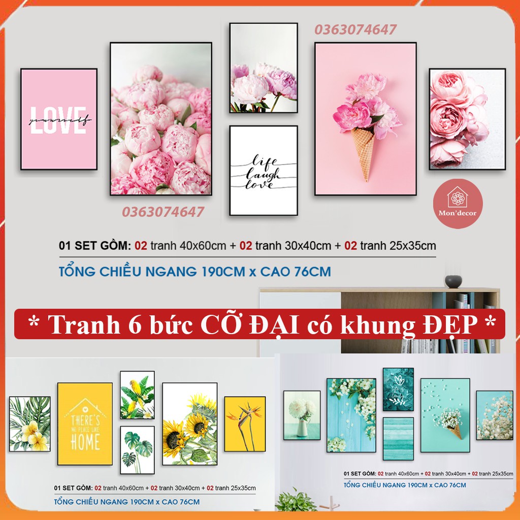 Tranh treo tường, tranh canvas treo phòng khách 6 bức cỡ đại phong cách Vintage khung nổi siêu bền - MON'DECOR