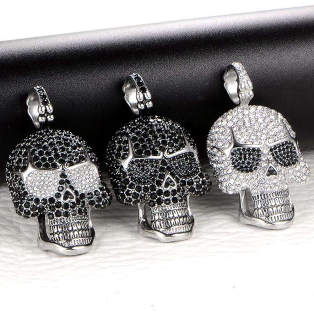 Tengkorak Kristal Liontin Kalung, Hitam Putih Hip Hop Punk Boho Cz Berlian Zirkon Liontin
