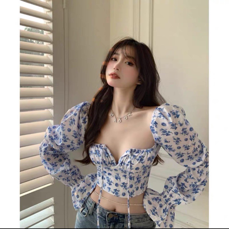 Áo croptop tay phồng hoa nhí