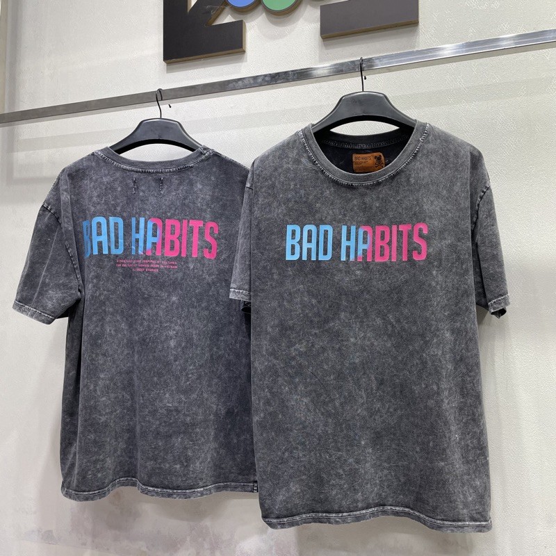 Áo thun bad habits Wash Logo hồng FULL TAG Áo wash tee ngắn tay không cổ Nam nữ Kun Shop