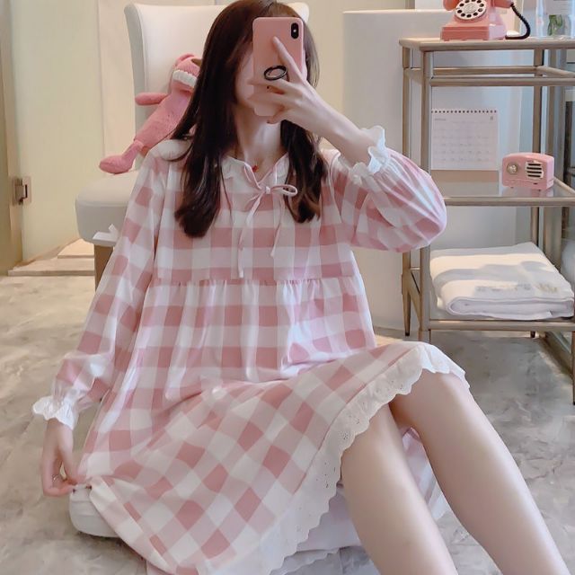 Đầm Ngủ Tay Dài Dáng Rộng Kẻ Sọc Ca Rô Kiểu Hàn Quốc Thời Trang Cho Nữ Sinh
