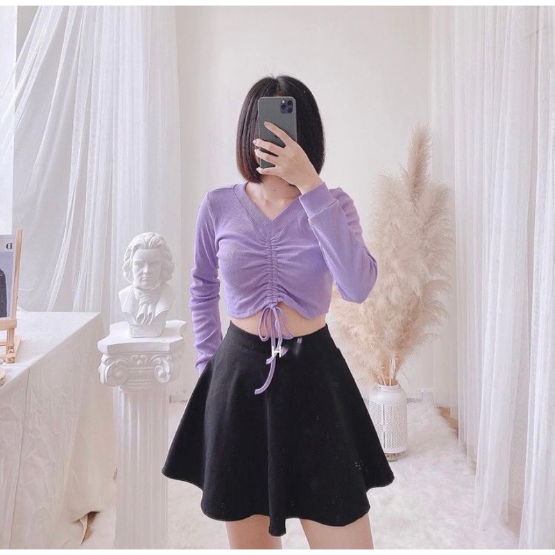 Áo Kiểu Tay Dài Tweeby Croptop chất vải bo gân dày mịn rút dây trước ngực