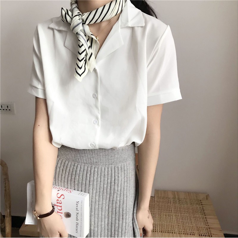 Áo sơ mi IELGY vải chiffon tay ngắn cổ chữ V thời trang cho nữ