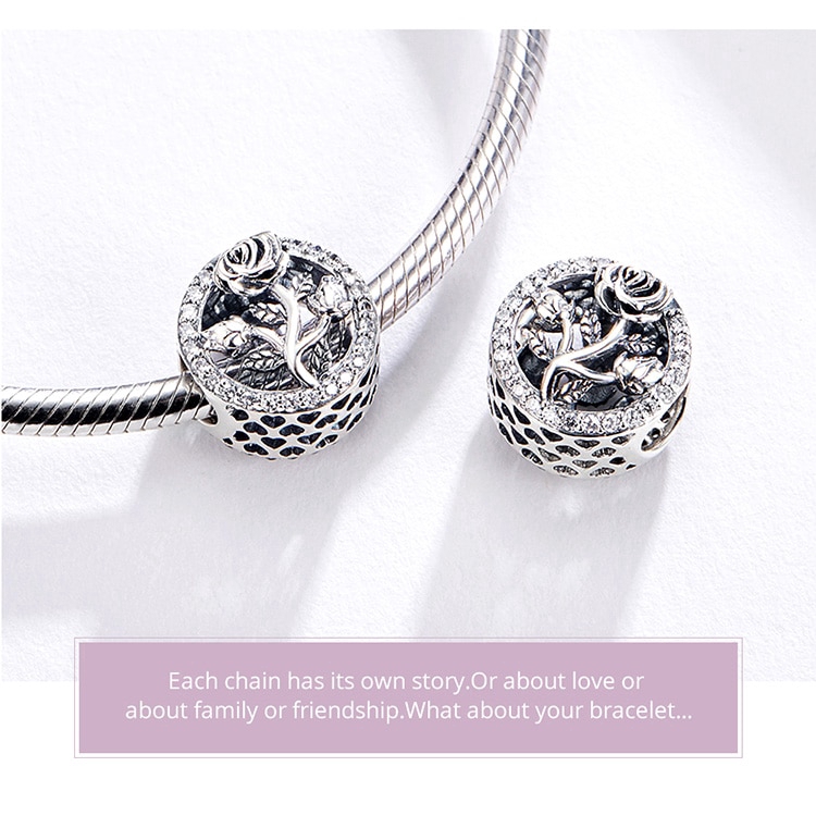 Mặt Vòng Tay Bamoer Xi Bạc Thiết Kế Họa Tiết Hoa Hồng Thời Trang Trang Trí Cho Nữ