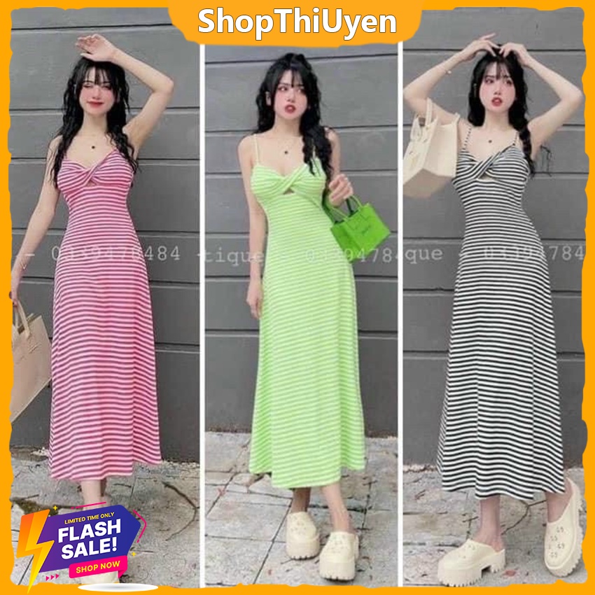 Đầm thun gân hai dây xoắn ngực, đầm thun kẻ sọc body quyến rũ, váy hai dây mặc hè chất vải thun nhiều màu, đầm body