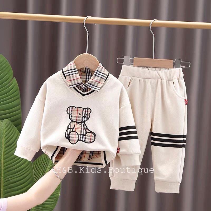 bộ sơ mi đi học gấu nỉ da cá hãng h&b be mine siêu cute cho bé 8-20kg