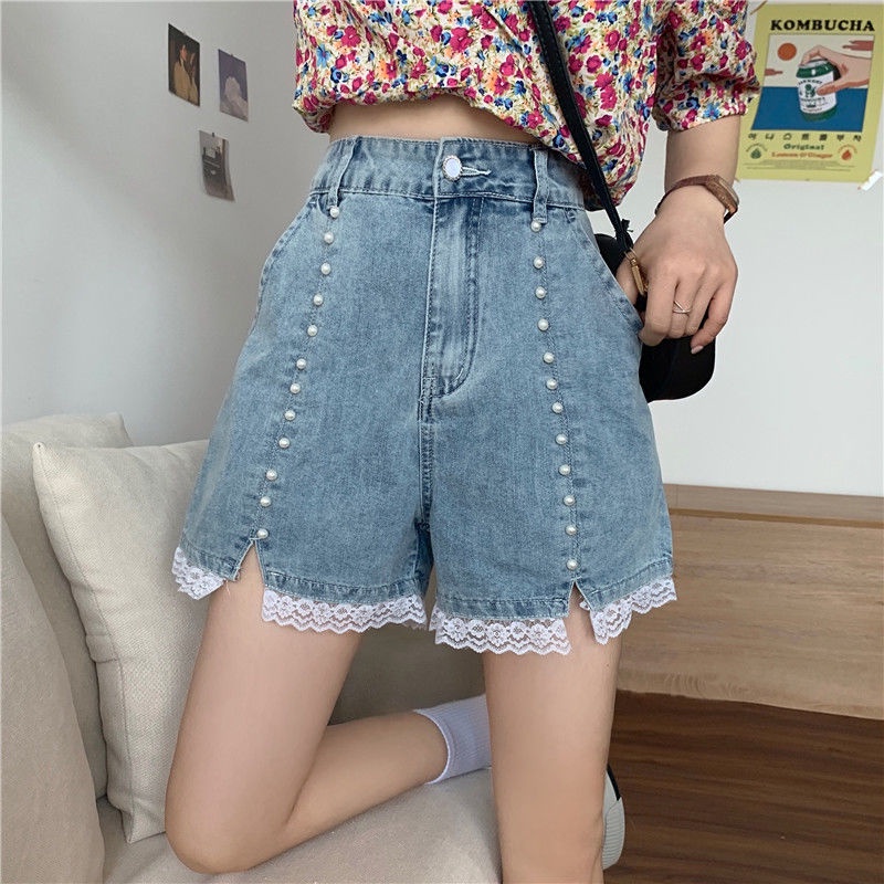 AMOI Quần Short Jeans Lưng Cao Ống Rộng Viền Ren Thời Trang Cho Nữ