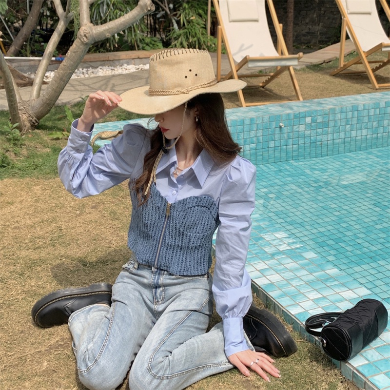 Áo Sơ Mi Denim Tay Dài Phối Màu Tương Phản Phong Cách Thời Trang Mùa Hè Cho Nữ Hàng Quảng Châu Loại 1
