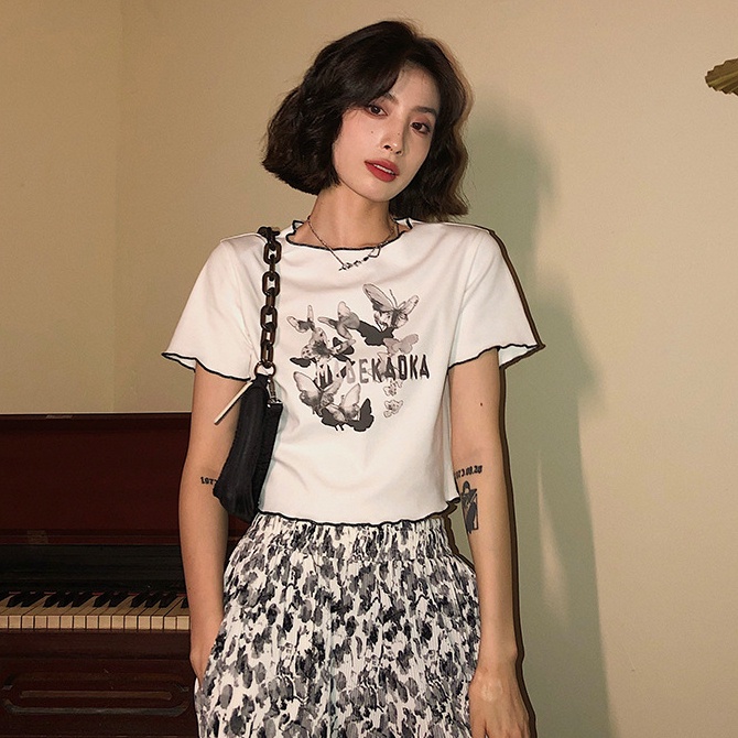 Áo Thun Tay Ngắn Dáng Rộng In Hình Bướm Kiểu Hàn Quốc Thời Trang Mùa Hè Cho Nữ