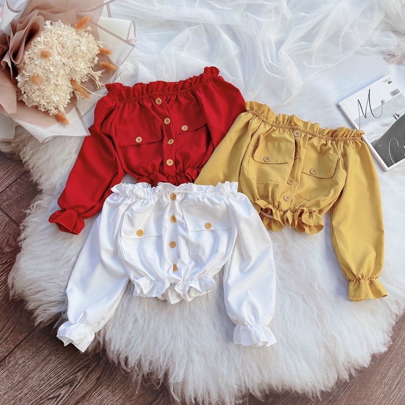 áo croptop bẹt vai túi hộp phối nút mới về