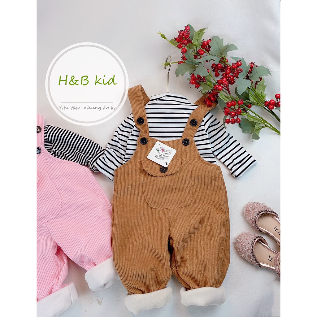 Set Yếm Nhung Phối Áo Kẻ Kiểu Dáng Hàn Quốc Cho Bé 8-20Kg V236 - NamKidShop