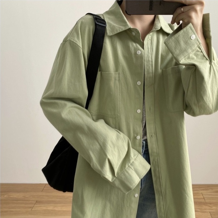 Áo sơ mi ZHELIHANGFEI tay dài dáng rộng phong cách đi học dễ phối đồ thời trang đơn giản cho nữ