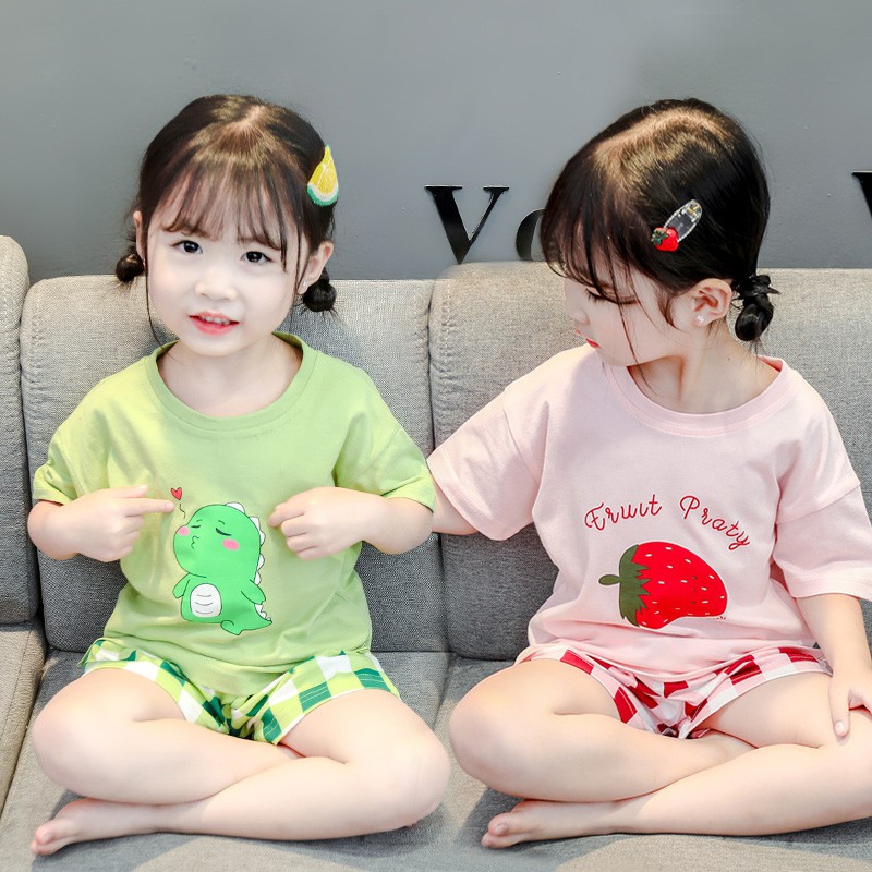 Bộ cộc tay cho bé - bộ áo quần cotton in hình dâu tây, trái chuối cho bé gái