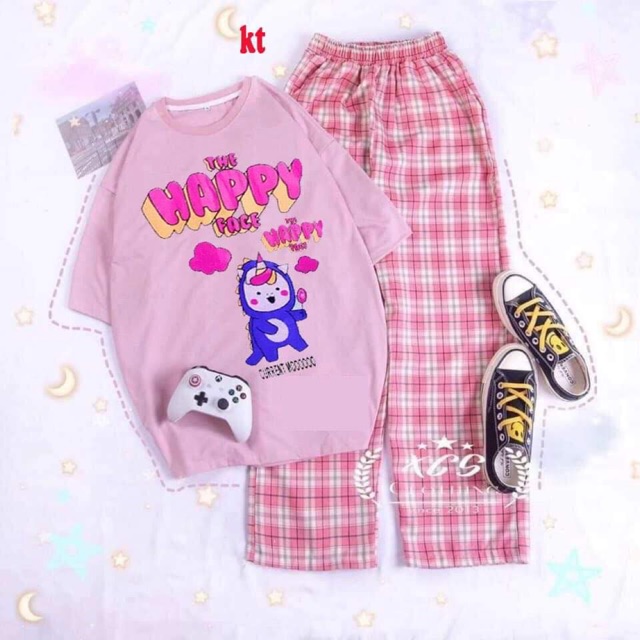 Sét áo happy ngắn tay + quần kẻ thô KT12