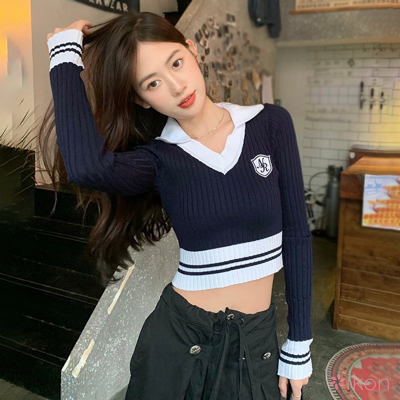 Áo Croptop Dệt Kim Tay Dài Thiết Kế Cổ Bẻ Thanh Lịch