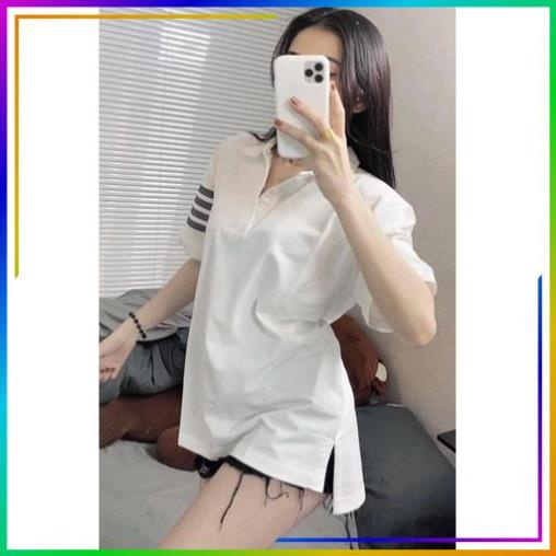 Áo polo nữ vạch tay cổ bẻ xẻ tà, Áo phông thom nữ from rộng viền ngang kẻ sọc Unisex Chất Cotton