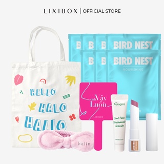 [HB Gift] Combo Gel Dưỡng Ẩm Auragins, 7 Mặt Nạ Lixibox, Son Dưỡng Lustre, Băng Đô, Gương, Túi Tote