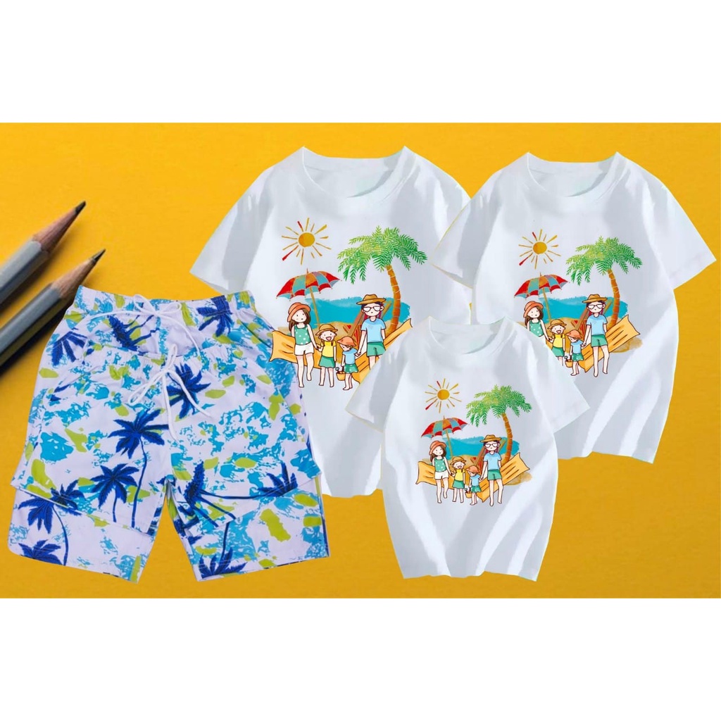Áo thun gia đình đi biển, đồng phục gia đình, nhóm 3,4,5 người áo thun coton dày dặn, mát mịn - in hình gia đình cây dừa
