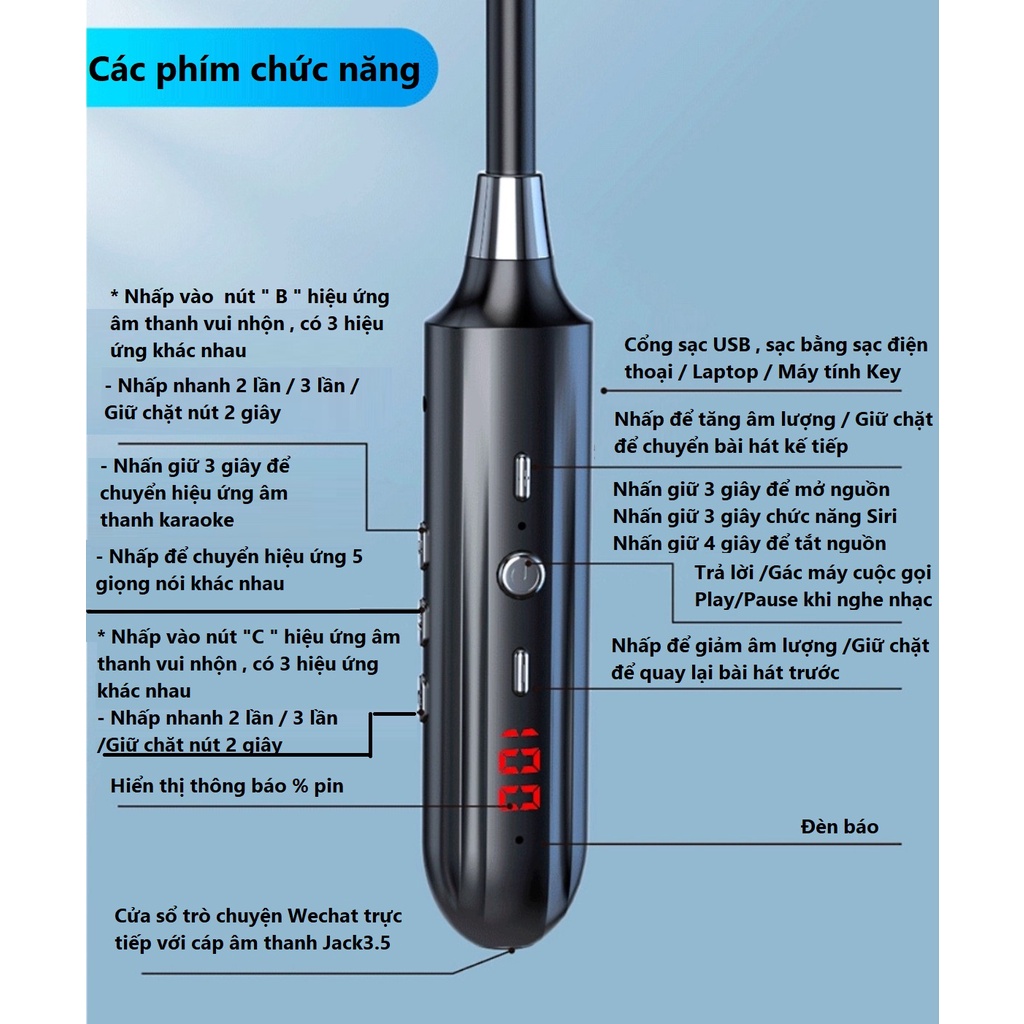 Tai Nghe Bluetooth Thể Thao S890K Chip 5.0 Pin Khủng 800mAh, Nghe Nhạc 60h - 80h ,Led Báo % Pin, Hát Karaoke Bluetooth
